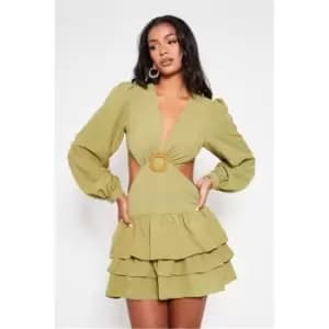 Image of I Saw It First Olive Green Woven Cut Out Frill Skater Dress - Green
