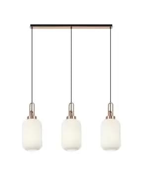 Image of Linear 3 Light Pendant E27 With 20cm Tubular Ribbed Glass, Opal Copper, Matt Black