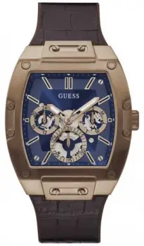 Image of Guess Phoenix Mens Brown Leather Strap Blue Dial Watch