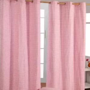 Image of Homecapes Pink Cotton Gingham Eyelet Curtains 117 x 137cm - Pink