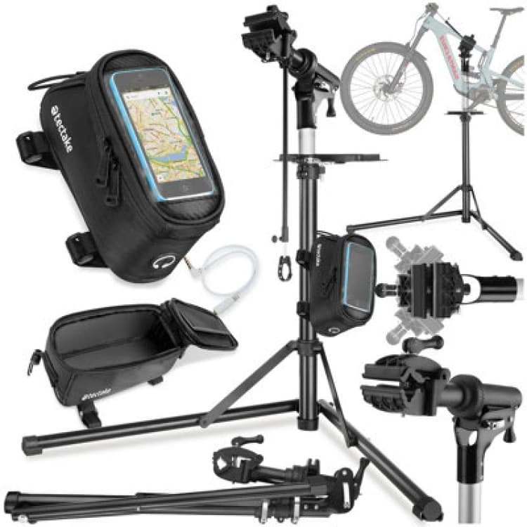 Image of Tectake Bicycle Repair Stand And Frame Bag Set Is Folding, Lightweight And Durable Type 2- Black