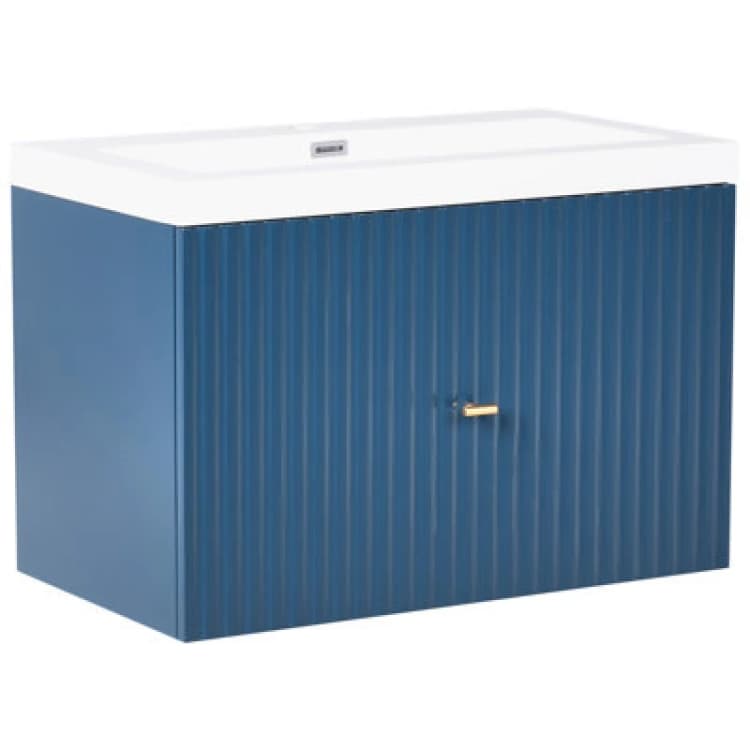 Image of Beliani Wall Mounted Vanity Unit With Basin Lago With Gold Handle 80 Cm Dark Blue