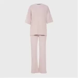Image of Missguided Rib T Shirt and Wide Leg Trousers Co Ord Set - Pink