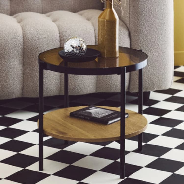 Image of sweeek Round Side Table With Tempered Glass And Wood Effect Light Brown