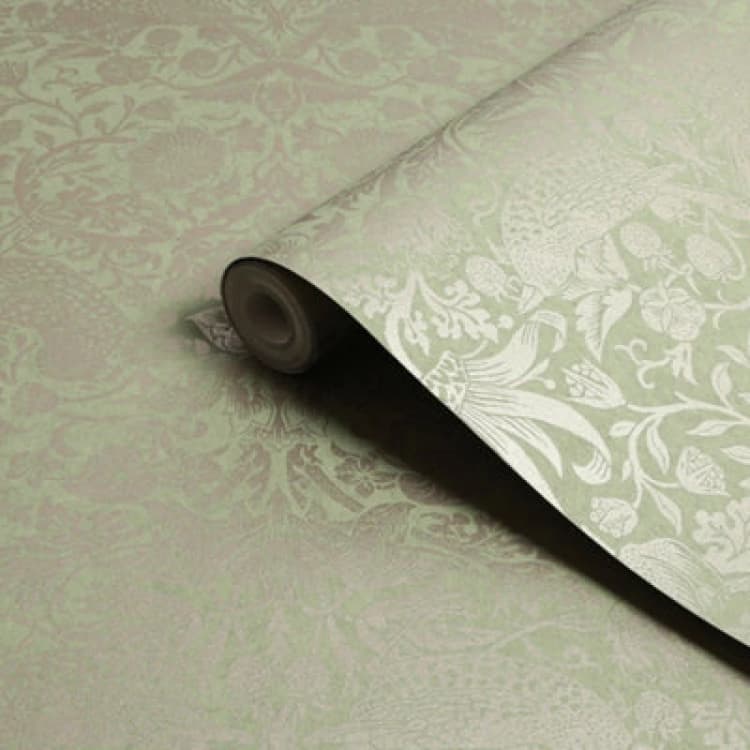 Image of William Morris Gallery Collection Fibrous Sage Strawberry Thief Metallic Effect Smooth Wallpaper