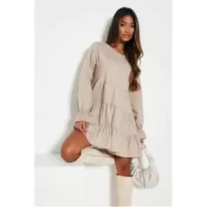 Image of I Saw It First Cotton Poplin Tiered Long Sleeve Mini Dress - Brown