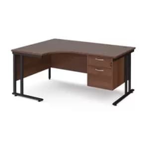 Image of Office Desk Left Hand Corner Desk 1600mm With Pedestal Walnut Top With Black Frame 1200mm Depth Maestro 25 MC16ELP2KW