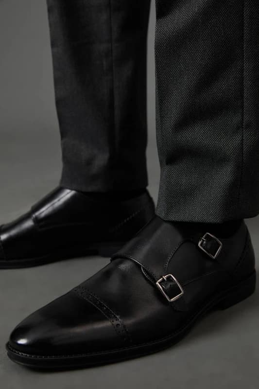 Image of Burton Mens Black Formal Leather Monk strap Brogue Shoes Black 9 Male BBB05915