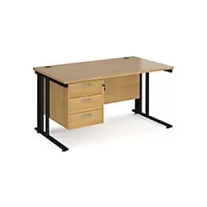Image of Rectangular Straight Desk Oak Wood Cable Managed Legs Black Maestro 25 1400 x 800 x 725mm 3 Drawer Pedestal
