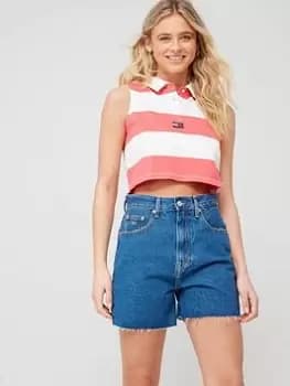 Image of Tommy Jeans Crop Badge Stripe Polo - Pink, Size XS, Women