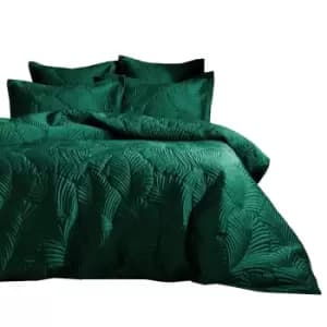 Image of Paoletti Palmeria Velvet Quilted Duvet Cover Set (Double) (Emerald Green)