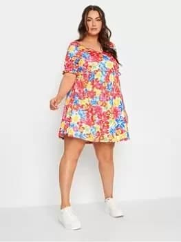 Image of Yours Smock Sweetheart Dress Bursting Floral Print - Red, White, Size 16, Women