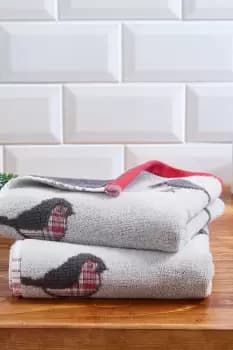 Image of 'Christmas Robin' Festive 100% Cotton Jacquard Hand Towels (Twin Pack)