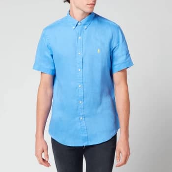 Image of Polo Ralph Lauren Mens Slim Fit Linen Short Sleeve Shirt - Harbor Island Blue - L