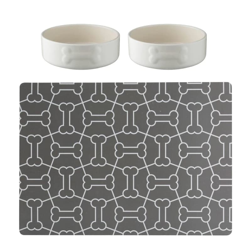Image of Mason Cash 2x Colour Mix Dog Bowls and Mat Dog Bowls 15cm Cream 71078369000