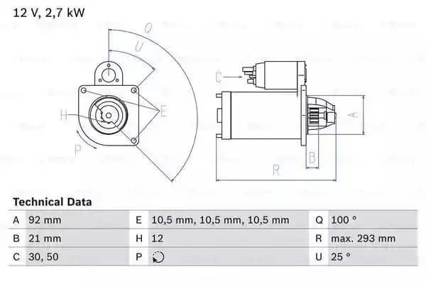 Image of Bosch 0986010950 Starter Motor 1095 12 V 2,7 kW Output BOSCHSTARTER-0986010950