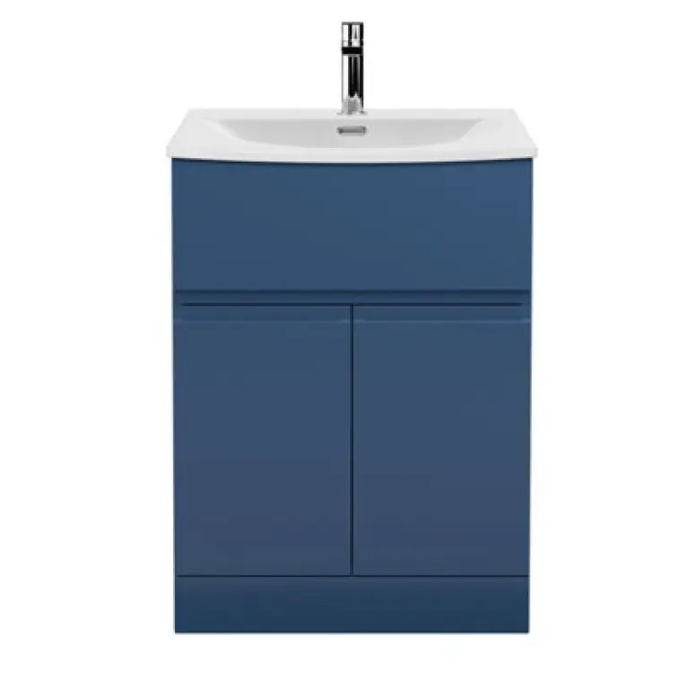 Image of Nuie Hudson Reed Urban Floor Standing 2 Door 1 Drawer Vanity Unit With Curved Basin, Durable Modern Vanity Unit In Satin Blue, 600mm