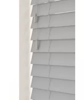 Image of Dove Grey 50mm Fine Grain Slatted Faux Wood Venetian Blinds with Strings 130cm Drop