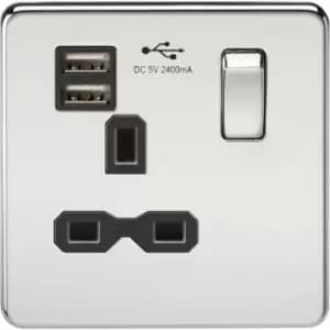 Image of Knightsbridge - Screwless 13A 1G Switched Socket with dual usb charger (2.4A) - Polished Chrome with Black Insert 230V IP20