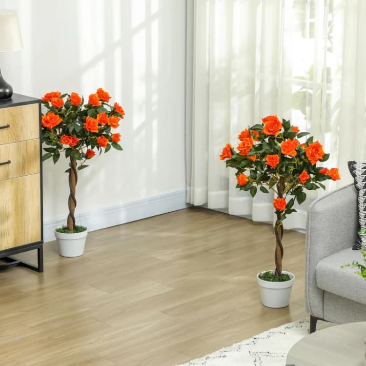 Image of Outsunny Set of 2 90cm Artificial Rose Tree - Fake Decorative Plant - Orange and Green TJ Hughes Yellow 5061025081820