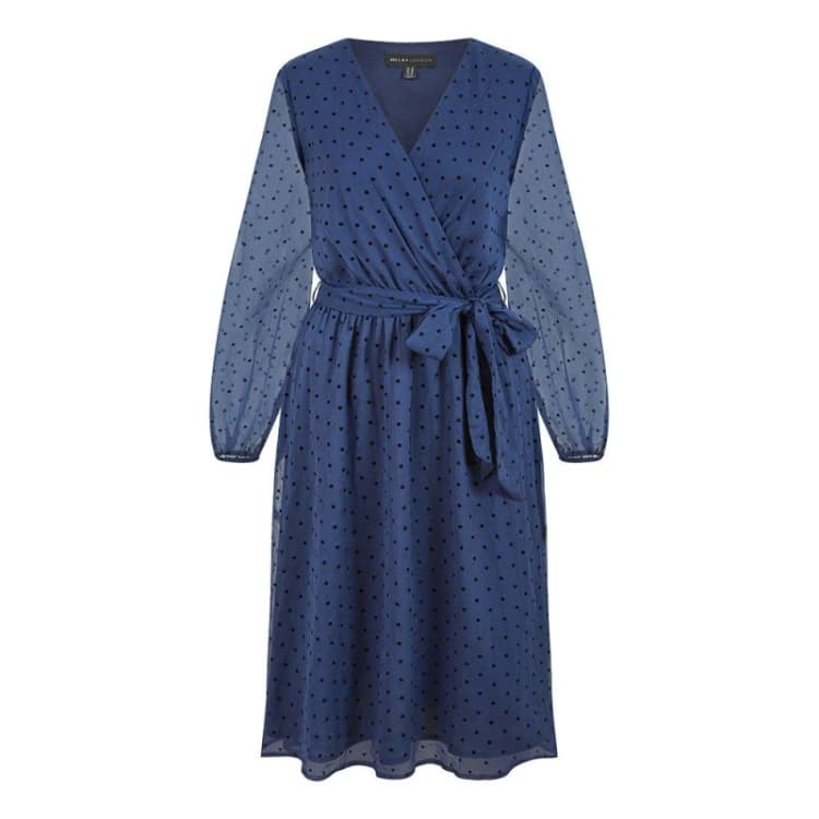 Image of Mela London Mela London Navy Dobby Spot Wrap Over Midi Dress - Blue Blue 8