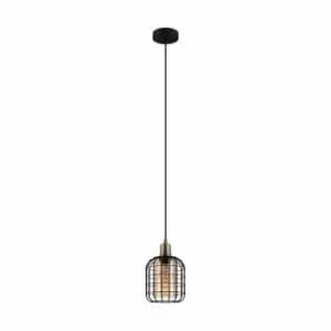 Image of Eglo Black Caged Pendant With Amber Glass Shade