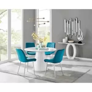 Image of Furniture Box Palma White High Gloss Round Dining Table and 4 Blue Pesaro Silver Chairs