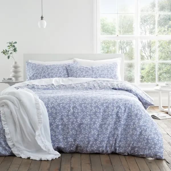 Image of Bianca Shadow Leaves 200 Thread Count Cotton French Blue Duvet Cover and Pillowcase Set French Blue
