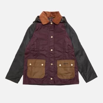 Image of Barbour Girls Hooded Beadnell Wax Jacket - Fern/Bordeaux/Sand/Fuchsia Secret Garden - L (10-11 Years)