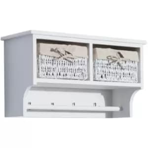 Image of Entryway Coat Rack Wall Mounted Shelf w/Wicker Basket and Hooks (2 Baskets, White) - Homcom
