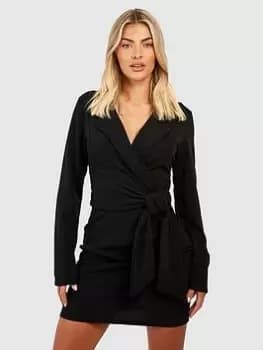 Image of Boohoo Crepe Tie Waist Blazer Dress - Black Size 6, Women
