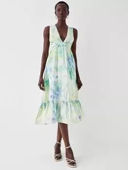 Image of COAST Plunge Neck Frill Hem Midi Dress - Green, Size 10, Women