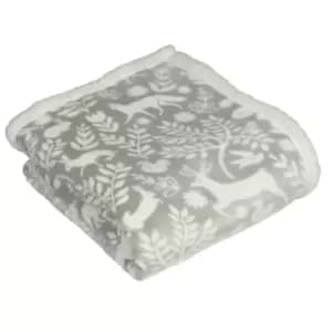 Image of Furn. Scandi Woodland Throw Printed Fleece Front With Sherpa Fleece Reverse Polyester Grey