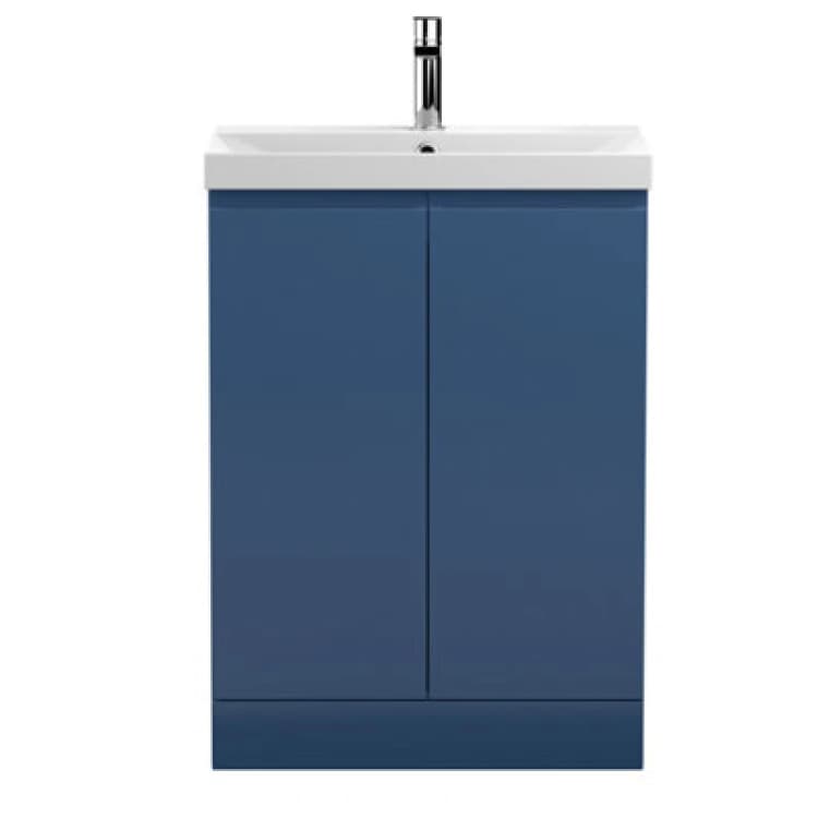 Image of Nuie Hudson Reed Urban Floor Standing 2 Soft Close Door Vanity Unit With Thin-Edge Basin, Modern Vanity Unit In Satin Blue, 600mm