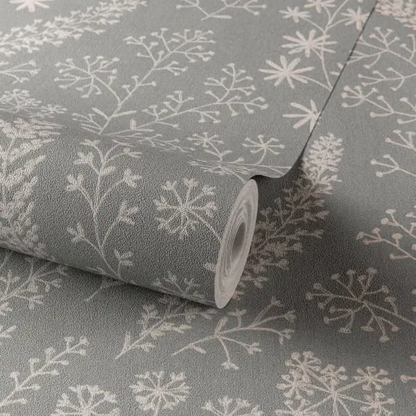 Image of Grandeco Astrid Embroidery Stitch Foliage Trail Wallpaper Grey