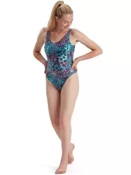 Image of Speedo Allover Deep U-Back Swimsuit, Blue, Size 32, Women