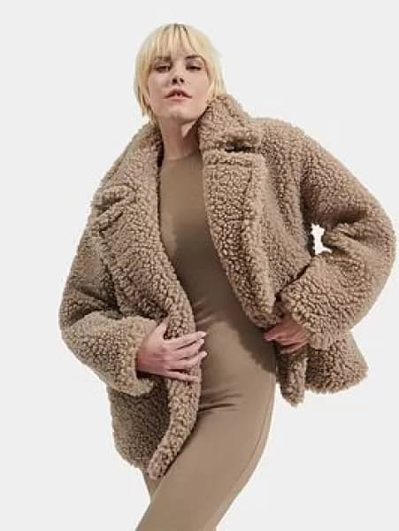 Image of UGG Womens Gertrude Short Teddy Coat - Putty Grey Tan - M