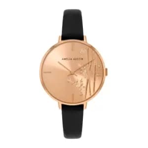 Image of Bamboo Ladies Black Leather Strap Clear Stone Set Etched Dial Watch