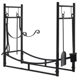 Image of Outsunny Firewood Stand Log Rack Holder 84Cm With 4-pc Fireplace Tools Set Black