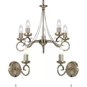 Image of 5 Bulb Ceiling Pendant & 2x Matching Wall Light Curved Antique Brass Chandelier