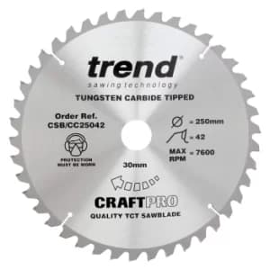 Image of Trend CRAFTPRO Wood Cutting Mitre Saw Blade 250mm 42T 30mm