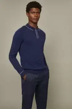 Image of Pure Cotton Blue Tipped Placket Knitted Polo Shirt
