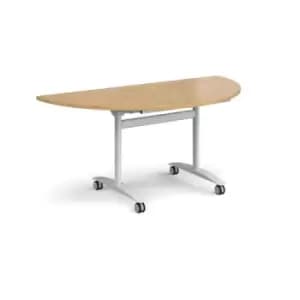 Image of Semi circular deluxe fliptop meeting table with white frame 1600mm x 800mm - oak