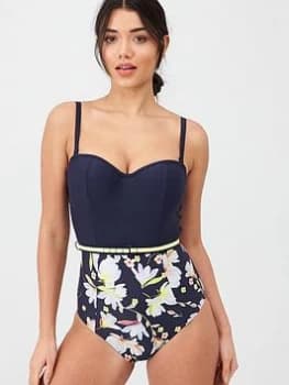 Image of Panache Florentine Moulded Bandeau Swimsuit - Navy/Floral, Navy Floral, Size 32F, Women