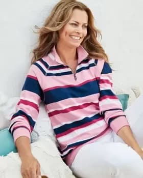 Image of Cotton Traders Half Zip Stripe Top in Pink
