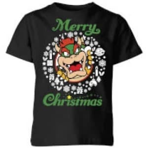 Image of Nintendo Super Mario Bowser Merry Christmas Kid's T-Shirt - Black - 3-4 Years