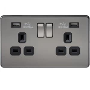 Image of KnightsBridge 2G 13A Screwless Black Nickel 2G Switched Socket with Dual 5V USB Charger Ports - Black Insert