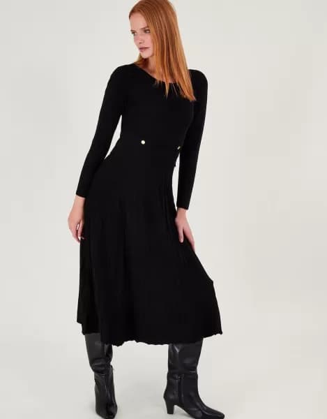 Image of Pleat Trim Slash Neck Midi Dress