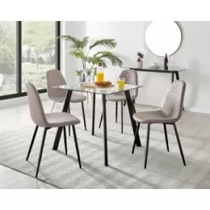 Image of Furniturebox UK - Furniturebox Seattle Glass and Black Metal Leg Square Dining Modern Industrial Dining Table & 4 Cappuccino Corona Faux Leather