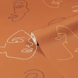 Image of Furn. Kindred Terracotta Orange Abstract Faces Printed Wallpaper